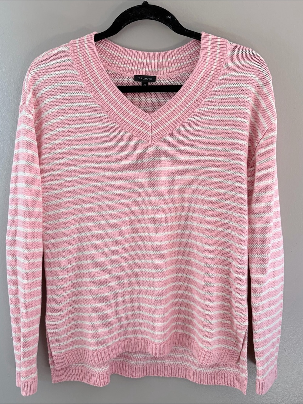 Talbots Pink White Striped V-Neck Linen Cotton Knit Sweater XS